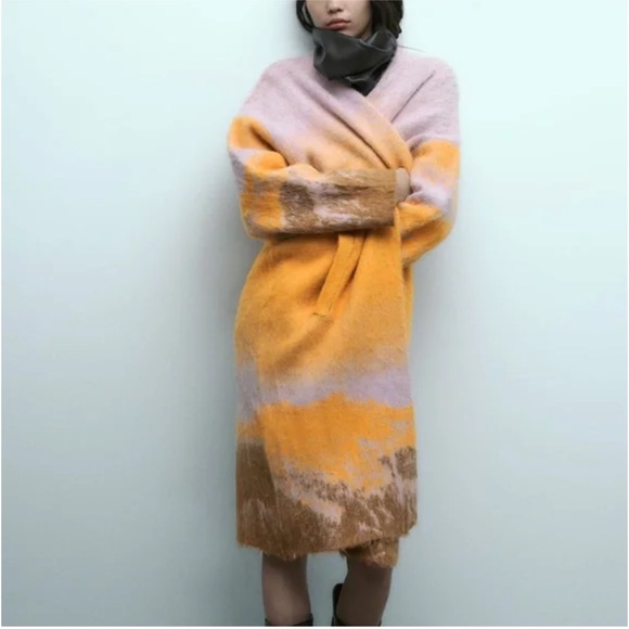 Zara Jackets & Blazers - Zara Alpaca Wool blend Colorful Knit Wrap Coat, Long Cardigan, Lilac & Orange, M